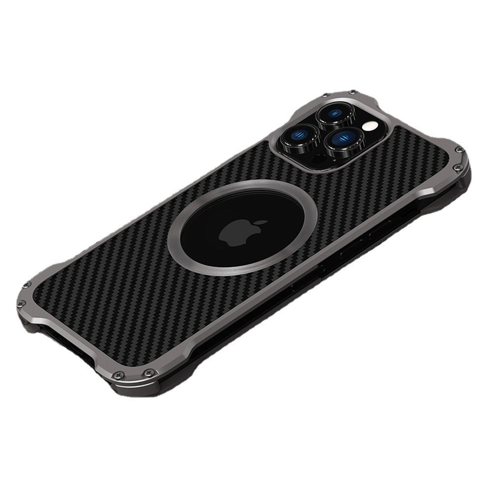 Shetchix All-inclusive Heat Dissipation Metal High-end Carbon Fiber Pattern Back Panel iPhone 15 Pro Max Case